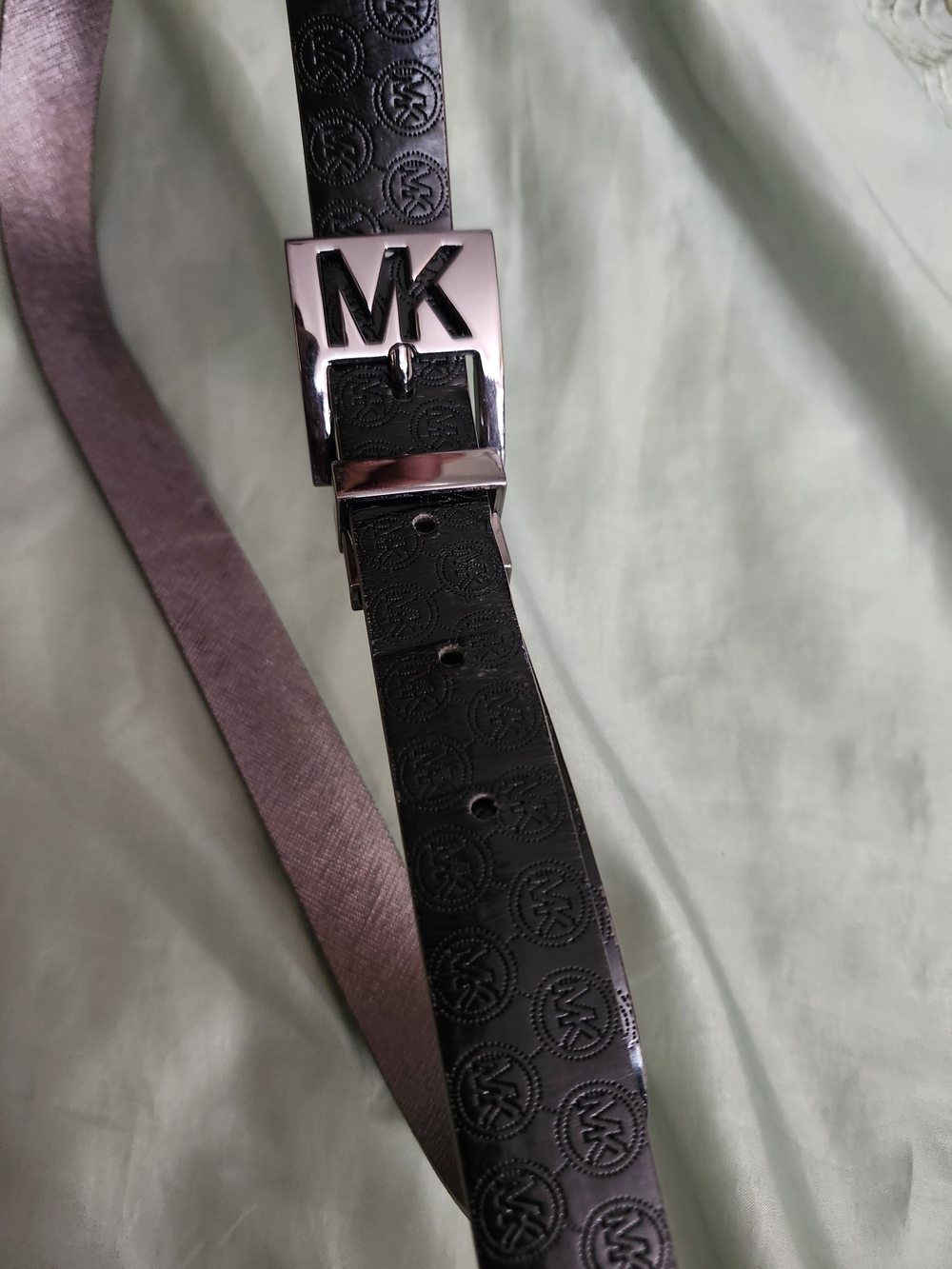 Michael Kors Women's Black Embossed Logo Leather Belt with Silver MK Buckle